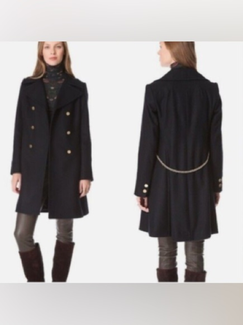 Club Monaco Dark Navy Double-Breasted Italian Wool Coat with Gold Chain